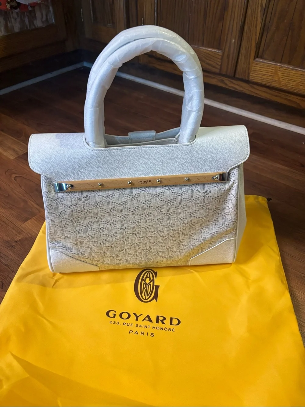 White Top-Handle Satchel with Chevron Goyardine Panel